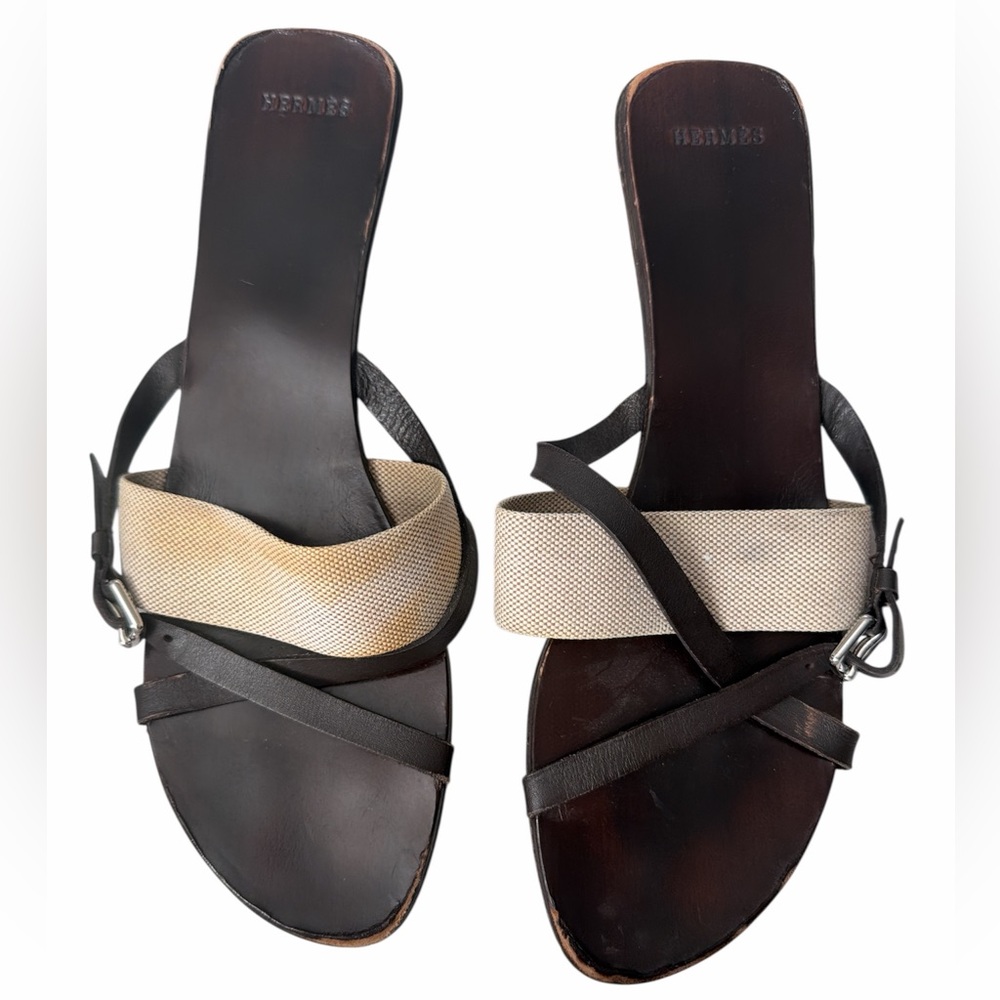 Hermes Black Leather and Beige Canvas Strappy Mules